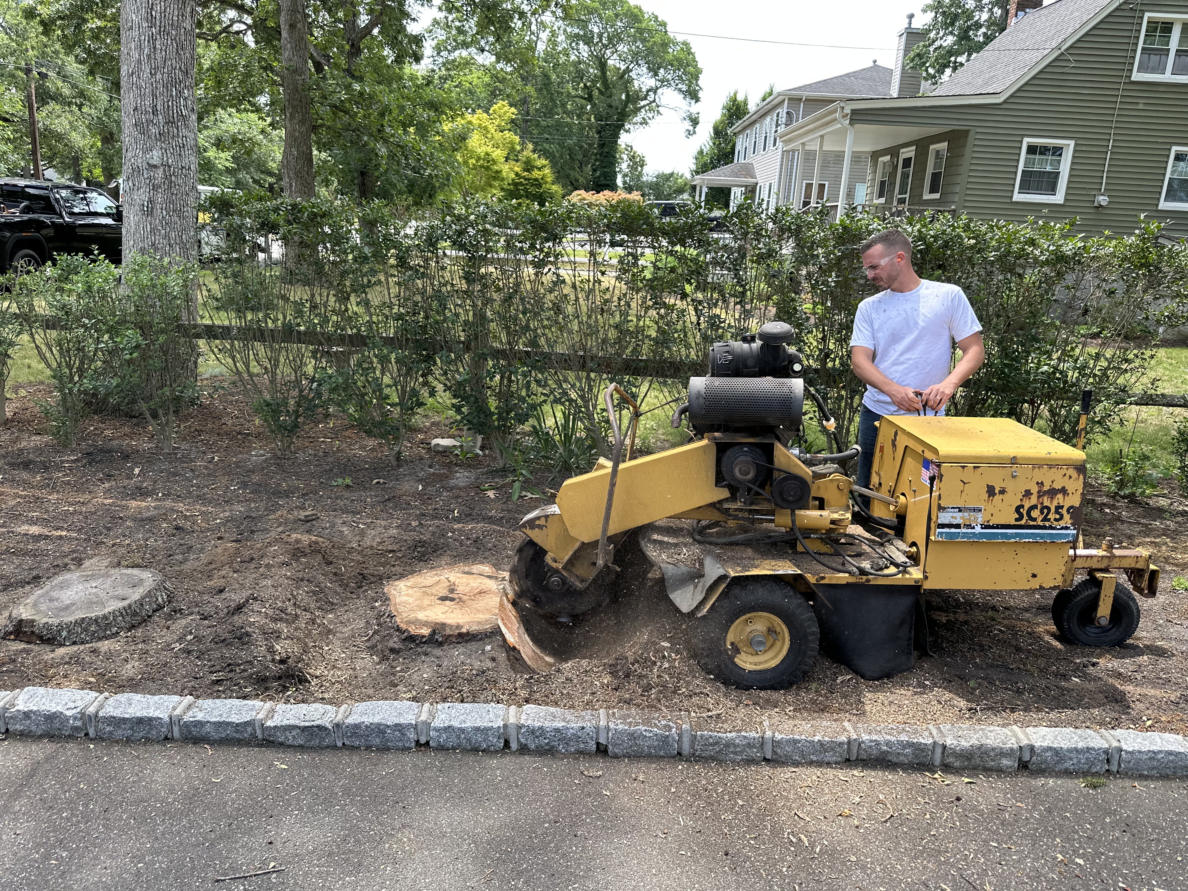Stump grinder chewing through a stump on a Long Island property